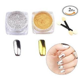 Miroir Poudre Or Argent 2 Box 2g Pigment Poudre Chrome Pigment ongles Paillettes Glitter Lingettes Nail (2pc)