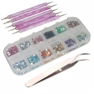 3000pcs 2mm 12 Conseils Nail Color Art Glitter Strass + 5 x 2 voies Marbleizing Dotting Pen + brucelles