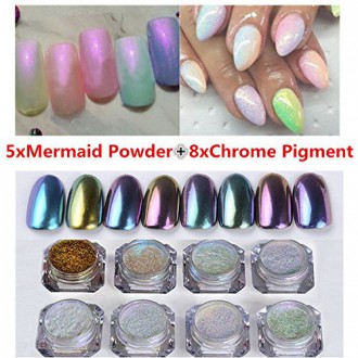 NICOLE DIARY 13Boxes / Set Mermaid Nail Poudres Shinning Mirror Poudre Shimmer Glitter Powder Laser Chrome Pigment Nail Tips