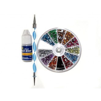 Adored 3d 2400pcs Round Nail Art Rhinestone Gems Wheel with Dotting Tool and Glue Nail Art Kit by Adored